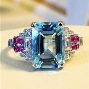 Stunning Blue Topaz 925 Stamped Ring With Amethyst Accents